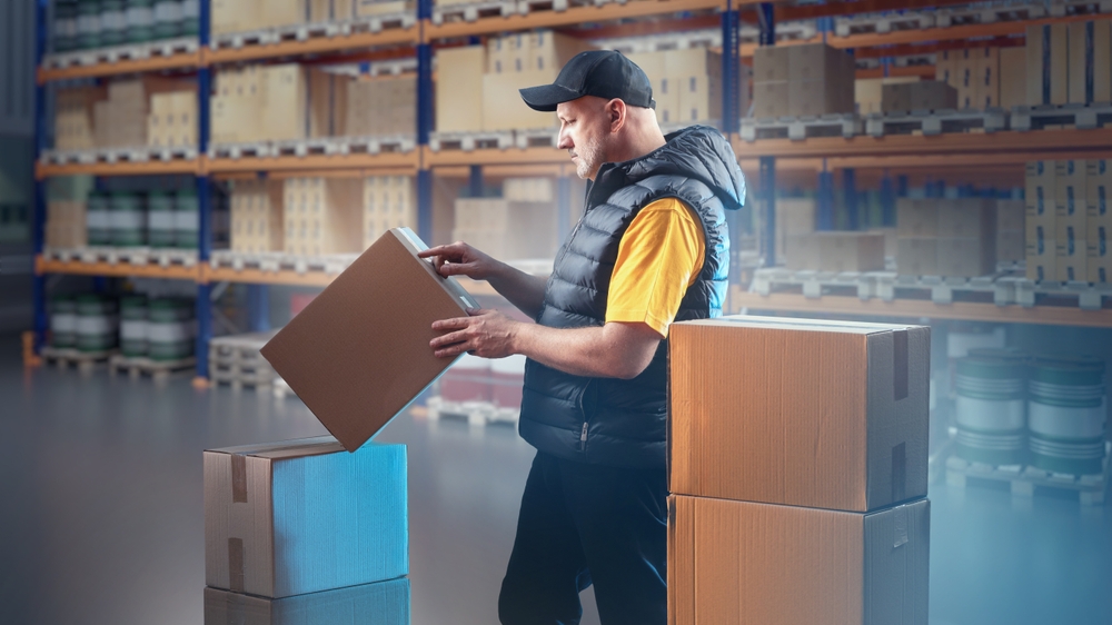 Man,With,Boxes,Inside,Warehouse.,Warehouseman,Distributes,Parcels,To,Storage